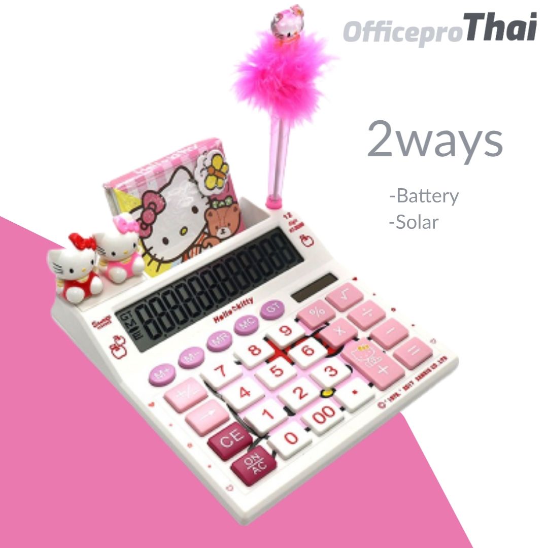 เครื่องคิดเลข ขนาดใหญ่ หน้าจอ 12 หลัก ลายคิตตี้ Hello Kitty ใช้ถ่าน AA 1ก้อน ใช้พลังงานแสงอาทิตย์