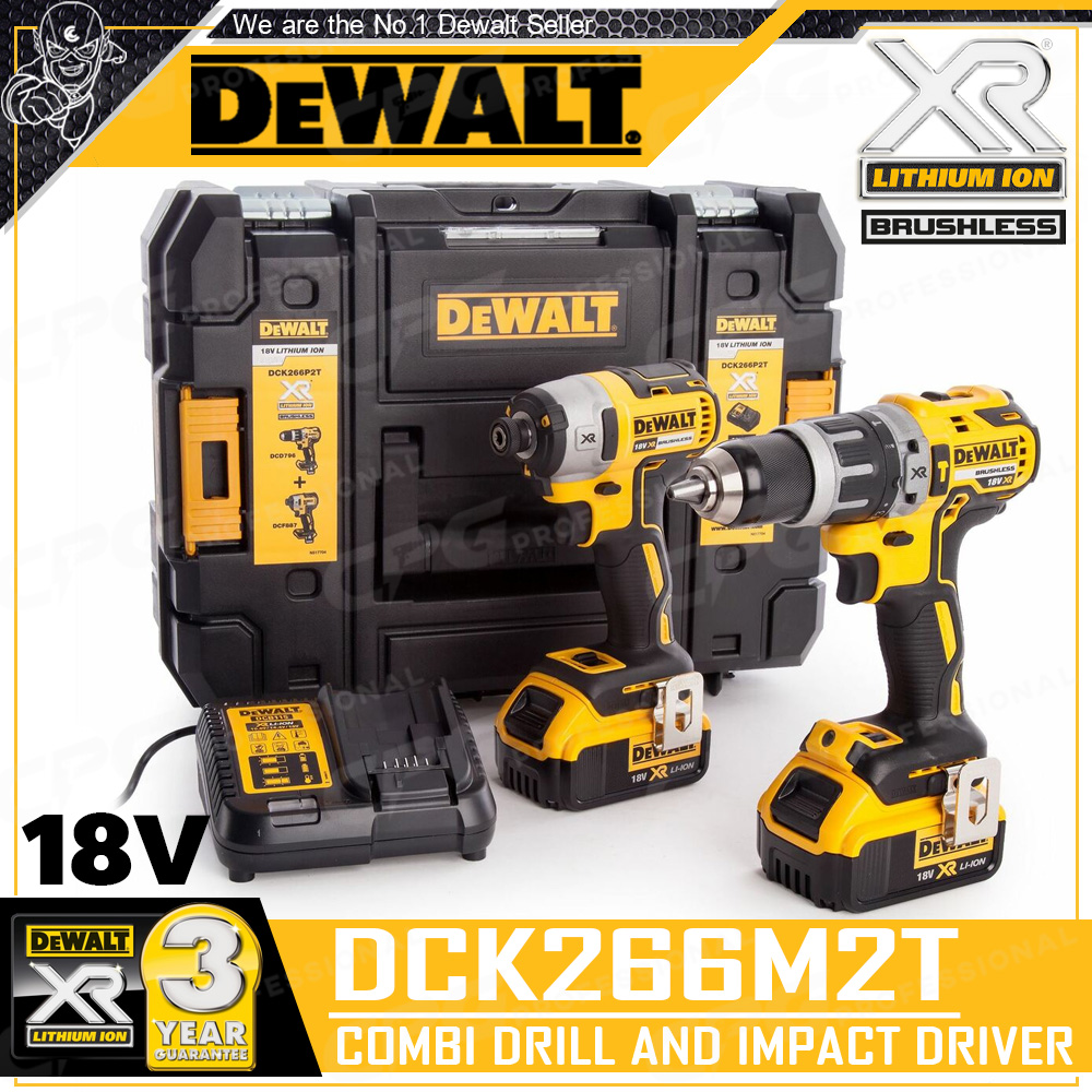 DEWALT ชุด COMBO สว่านไร้สาย DCD796 และ สว่านไขควงไร้สาย DCF887 (BL Motor-ไร้แปรงถ่าน) 18V รุ่น DCK266M2T ++ชุดประหยัด สุดคุ้ม แบต 18V 4Ah (2ก้อน), แท่นชาร์จ++