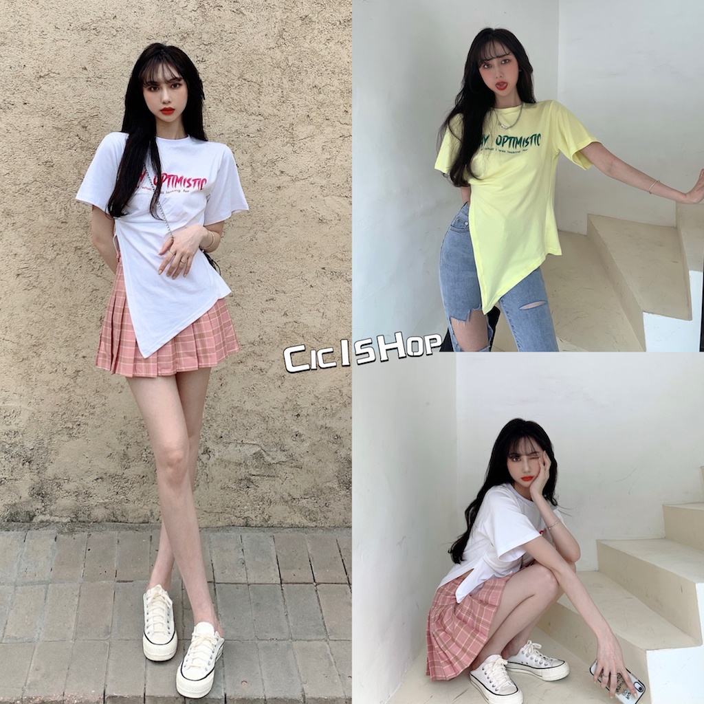 Cici(83484)Mini t-shirt เสื้อยืดสกรีนลาย ดีเทลชายไม่เท่ากัน ทรงสวยใส่จับคู่แมตช์ง่ายสไตล์เกาหลี ราคา 75 บาท*ส่งฟรี