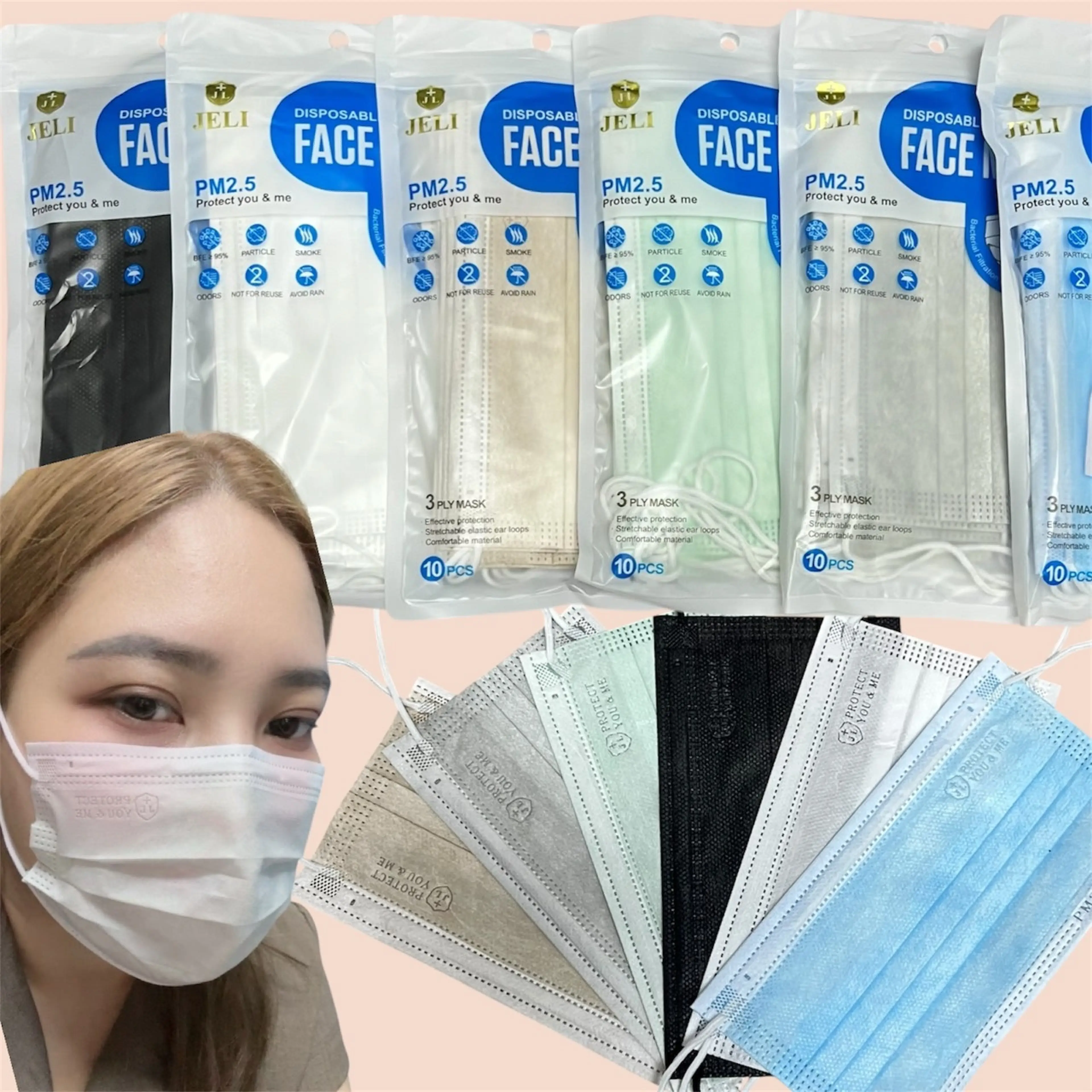 Jeli Face Mask, Hygienic Face Mask, Plain Color, 1 Pack of 10 Pieces, 3 Layers Thick, 3 Layers of Filtration, Ready to Ship in Thailand.