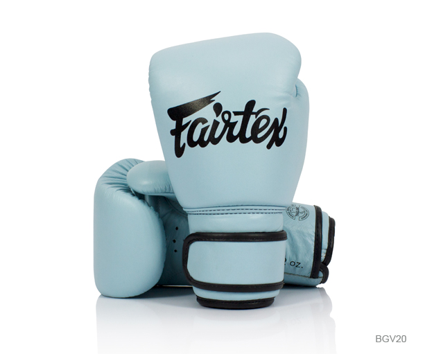 Fairtex Boxing gloves BGV20 Pastel Blue Limted Edition Muay Thai for training MMA K1 , นวมแฟร์แท็กซ์ BGV20 สีฟ้า ทำจากหนังแท้ สำหรับการซ้อมมวย