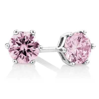 ต่างหูเพชรชมพู Pink gems เพชร CZ แท้ 100% ขนาด 4-5 mm. ต่างหูพลอย ต่างหูคริสตัล แบรนด์ Malai Gems