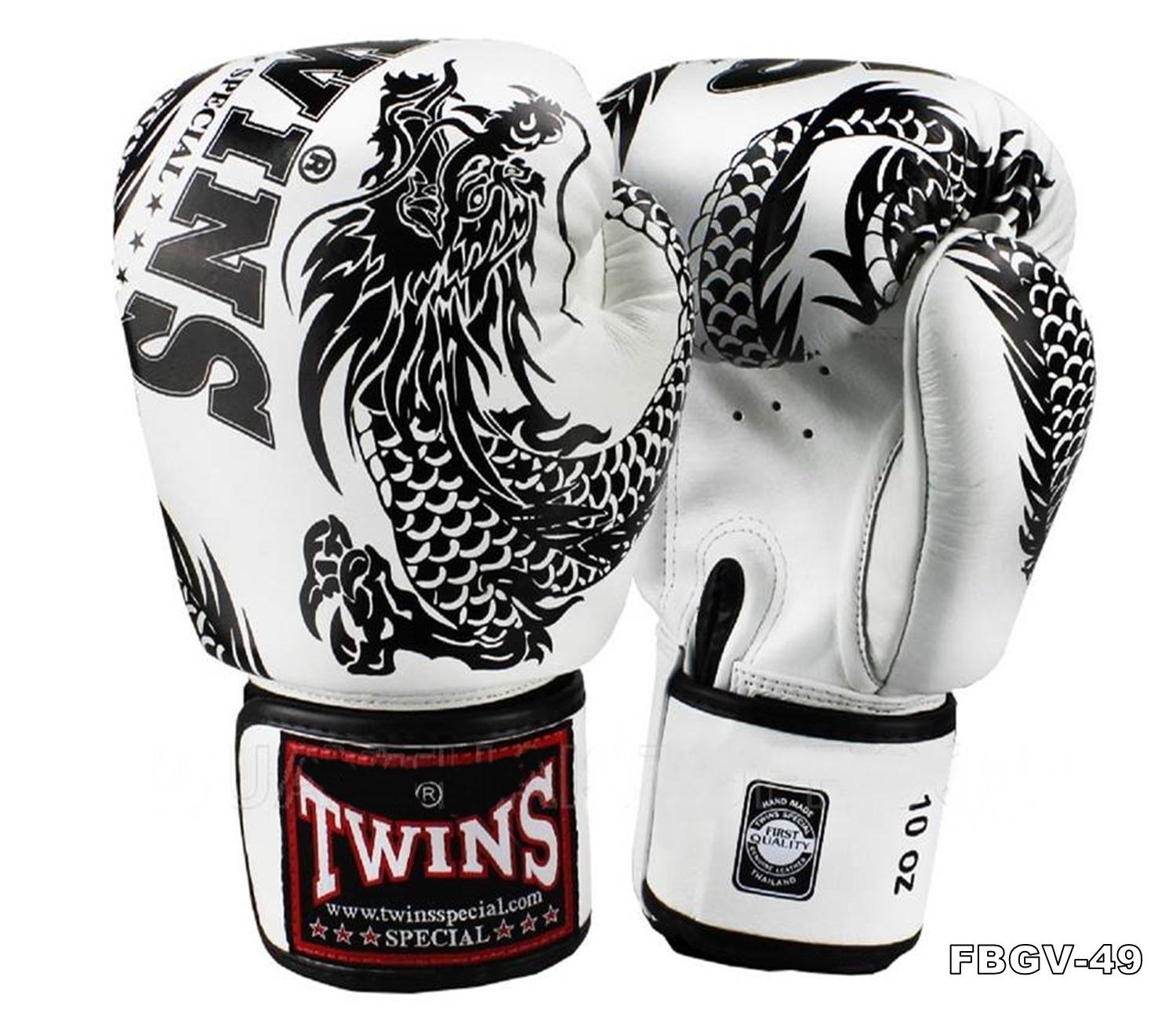 Twins special Boxing Gloves FBGV-49 White Black Dragon 8,10,12,14,16 oz Muay Thai Sparring MMA K1 นวมซ้อมชกทวินส์ สเปเชี่ยล สีขาว มังกรดำ หนังแท้ 100%