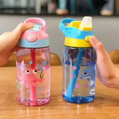 600ml Baby Children Learning Drinking Sippy Cups Feeding Water Bottle Kids Cute Cartoon PP Straw Leakproof Straw Bottle