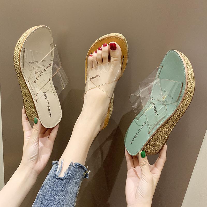 รองเท้าแตะหญิงลายน่ารักๆ รองเท้าแตะส้นแบน ร้อนเกาหลี ใส่สบายไม่ลื่น Women Fashion Solid Color Wedges Peep Toe Flatform Sandals Slipper LTH009
