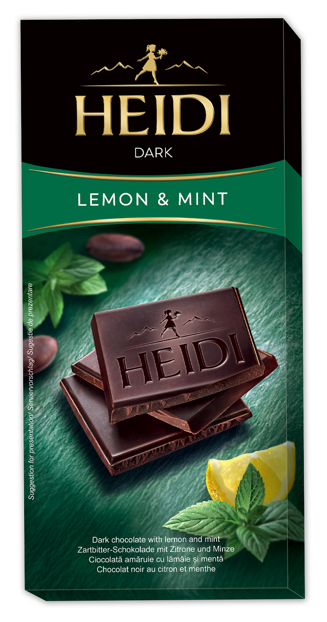 [ซื้อ 1 แถม 1]HEIDI Chocolate ดาร์คช็อคโกแลตแท้ ผสมมิ้นท์และเลม่อน นำเข้าจากประเทศโรมาเนีย ขนาด80 กรัม ขนมโรมาเนีย ขนมนำเข้า