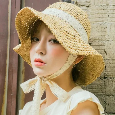 Korean straw hat With chin strap Straw hat, sun hat, portable hat, foldable hat Fashion female hat Hat on the sea Panama hat