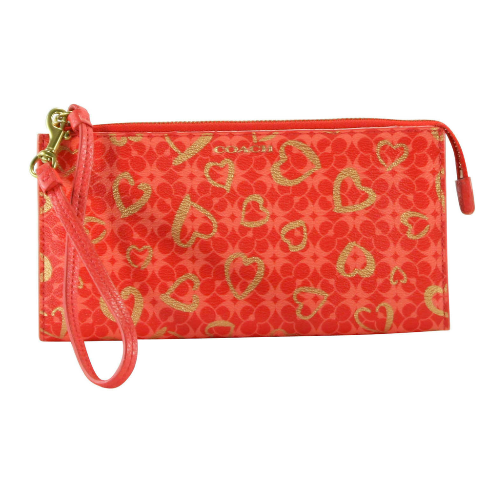 กระเป๋าสตางค์ กระเป๋าใส่บัตรหนังแท้ดีไซน์หรูหรา Coach 51225 SIGNATURE COATED CANVAS LOVE HEARTS ZIPPY WALLET สีแดง
