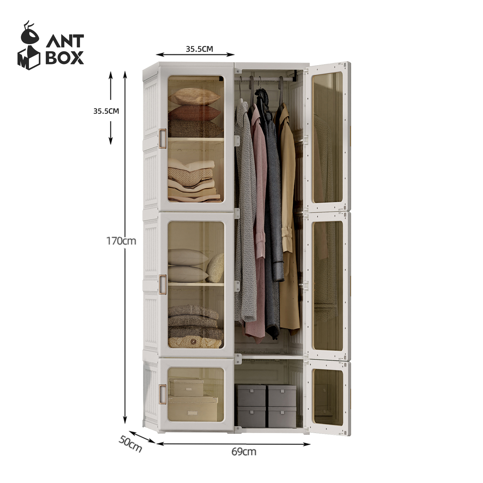 ANTBOX ตู้เสื้อผ้า 6- 15 ช่อง ประตูใสโปร่งแสงมองเห็นด้านในได้ สไตล์โมเดิร์น เหมาะกับการแต่งห้องทุกสไตล์