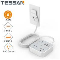 TESSAN รางปลั๊ก ปลั๊กไฟ 4 ช่อง 2200W ยาว 1.5เมตร ปลั๊กไฟ USB/USB-C 1สวิตช์ควบคุม - ดำ / ขาว รางปลั๊กไฟ การป้องกันไฟกระชาก