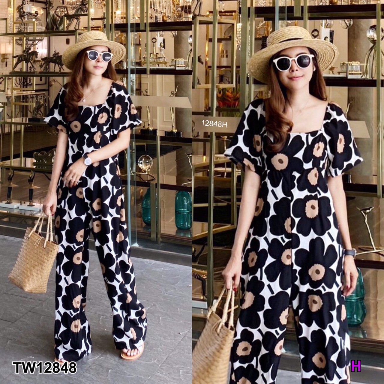 SS12848 Jumpsuit จั๊มสูทยาว คอเหลี่ยม ลายดอก