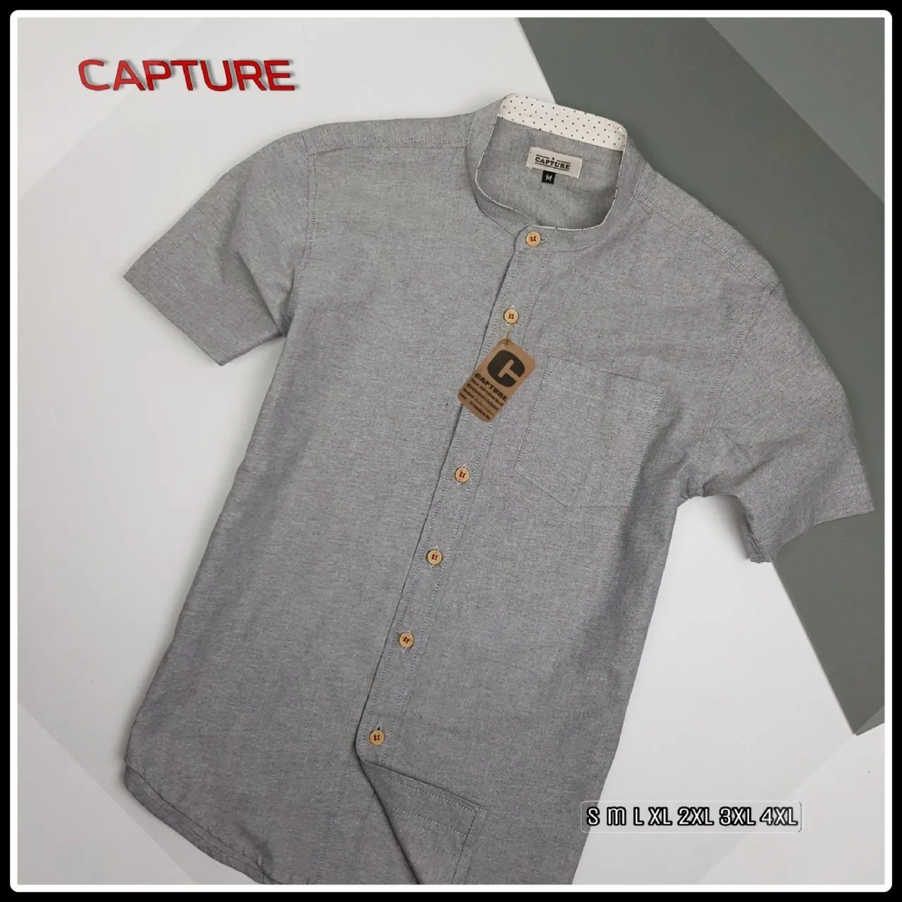 Capture Shirt เสื้อเชิ้ตผู้ชาย คอจีน แขนสั้น oxford สีเทา มีถึงอก 48 นิ้ว