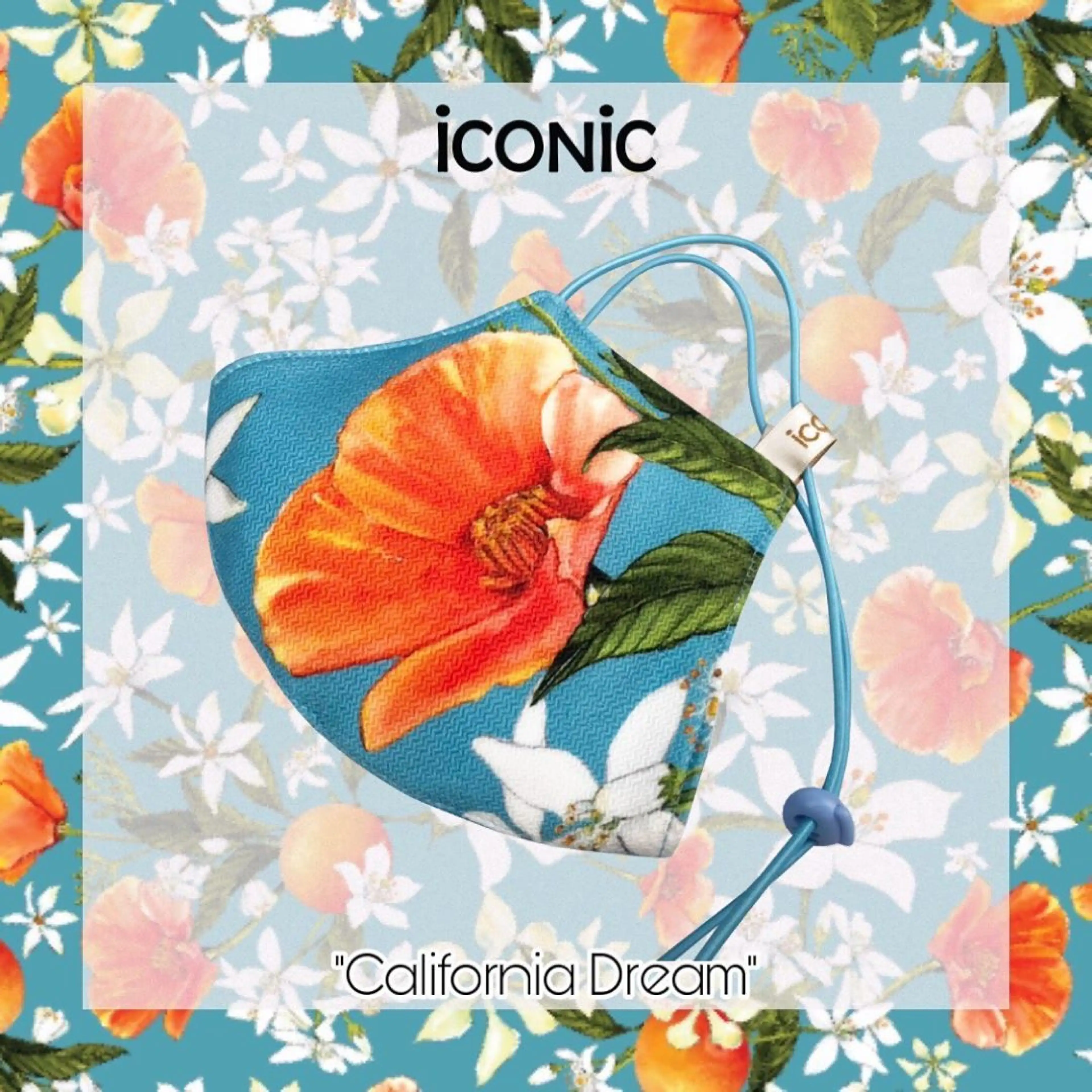 iCONiC - CALIFORNIA DREAM Mask Blue #4427 - น้ำเงิน ฟ้า หน้ากากผ้า หน้ากากอนามัย รุ่นล่าสุด ลายพิมพ์ สดใส ลวดลาย สุดพิเศษ ดอกป๊อปปี้ สีส้ม