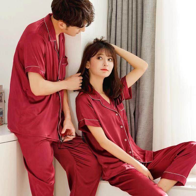 HB-shop-ชุดนอนคู่แฟชั่นคู่เกาหลี，สีล้วนผ้าซาติน 【คู่เสื้อแขนสั้น+กางเกงขายาว】
