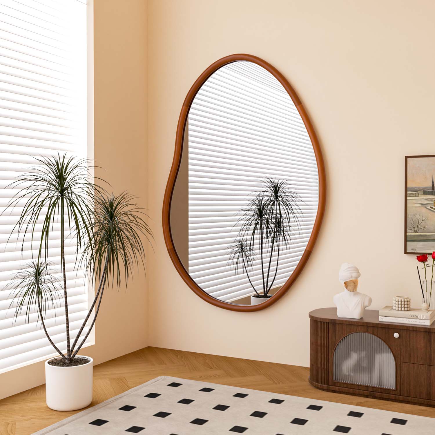 กระจกผนัง กระจกผนังประดับ กระจกห้องน้ำ ติดผนัง Irregular Wall Decorative Mirror Mid Century Asymmetrical Wall Mirror Wood Frame Irregular Aesthetic Wall Decor for Bedroom Living Room Entryway