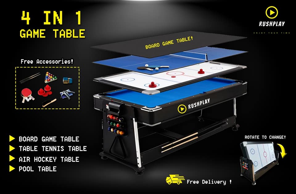 โต๊ะ 4 in 1 Game Table โต๊ะพูล โต๊ะปิงปอง โต๊ะแอร์ฮอกกี้ โต๊ะอเนกประสงค์ 4 in1 พร้อมอุปกรณ์ครบชุด !