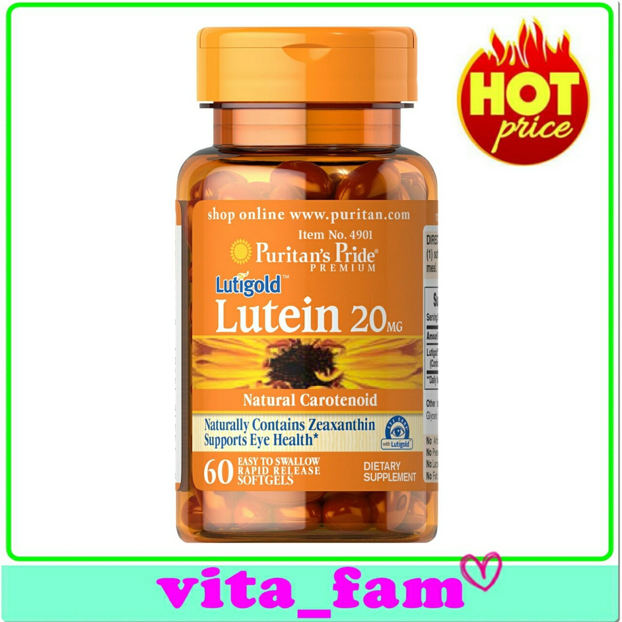 Puritan's Pride Lutein 20 mg with Zeaxanthin 60 softgels บำรุงสายตา