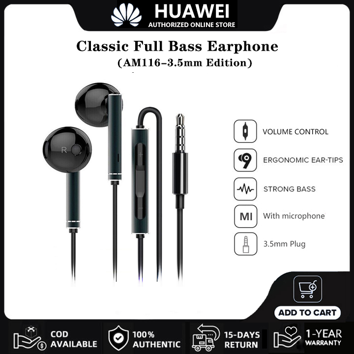 Huawei Earphones AM116 Headset Full Bass Earphone Original Wired In-Ear Headphones 3.5mm Edition 3-Button with Mic Volume Control for P30 P20 P10 Mate10 Nova 4e 3i 2i Y9 Max ราคา 243 บาท*ส่งฟรี