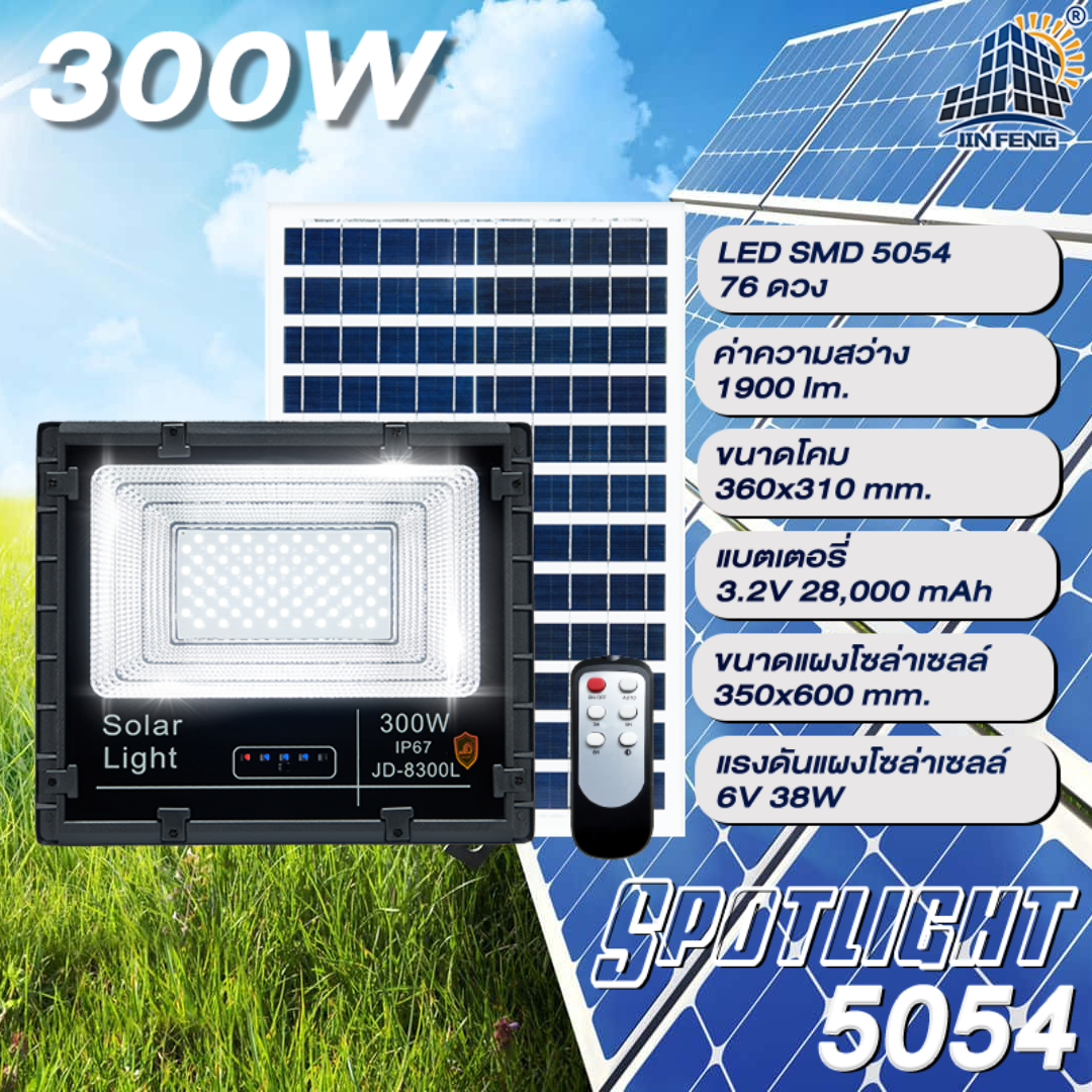 JD-8300L 300W JD SOLAR LIGHT LED รุ่นใหม่ JD-L ใช้พลังงานแสงอาทิตย์100% โคมไฟสนาม โคมไฟสปอร์ตไลท์ โคมไฟโซล่าเซลล์ แผงโซล่าเซลล์ ไฟLED รับประกัน 3 ปี
