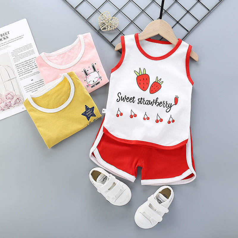 Babyonline(Y230)I4ชุดเช็ทเสื้อกล้ามและกางเกงสำหรับเด็กลายการ์ตูนน่ารักๆ