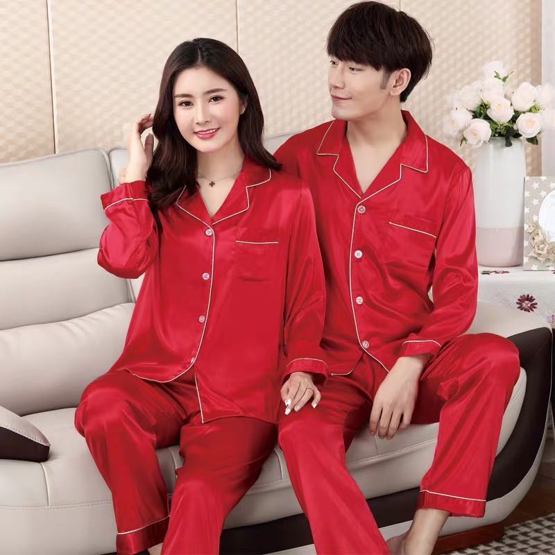 SUNNY SHOP-ชุดนอนคู่ เเฟชั่นเกาหลี ชายหญิงคู่รัก ผ้าซาติน เสื้อเเขนยาว+กางเกงขายาว