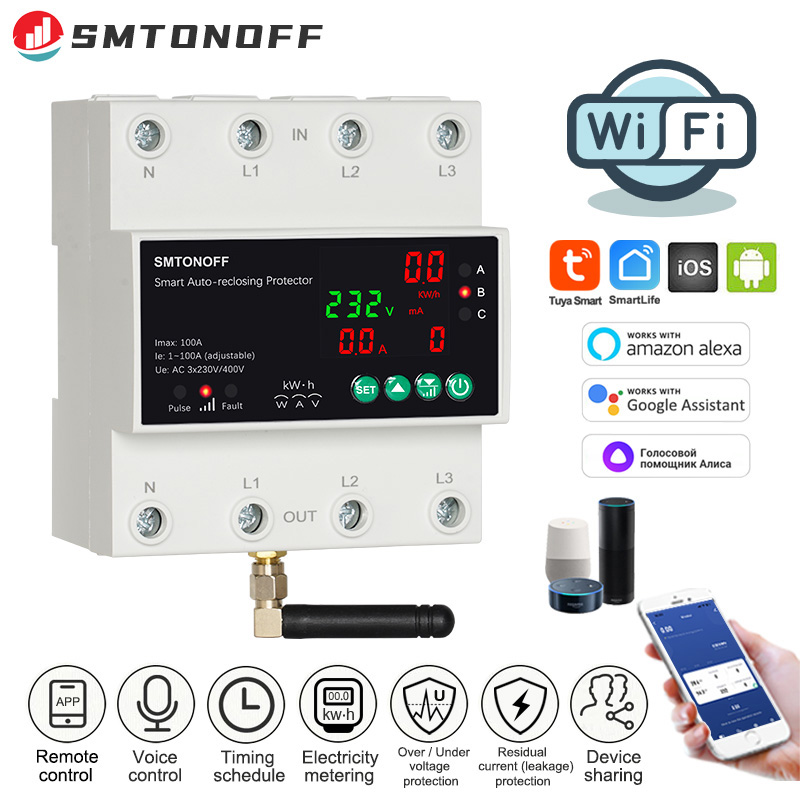 Tuya WiFi Three Phase 4P 100A Auto recolseing Switch Energy meter Over Under Voltage Protector Prepaid Meter Timer Switch Voice Remote Control ราคา 1,385 บาท*ส่งฟรี