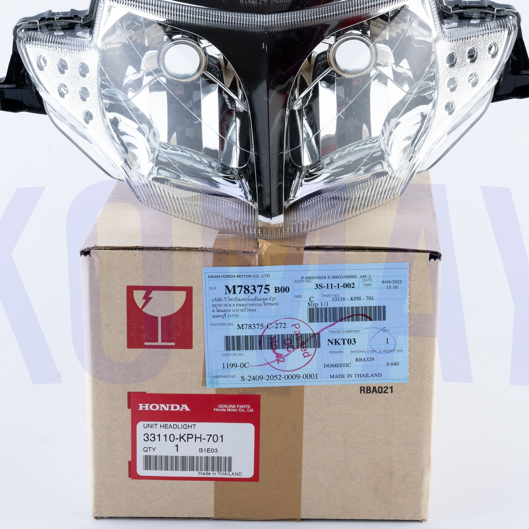 ไฟหน้า WAVE125I,S ปี2005-2010 รุ่นไฟเลี้ยวบังลม เวฟ125i,s (33110-KPH-701HONDA รับประกันของแท้จากศูนย์โกเม KOMAY) ราคา 542 บาท*ส่งฟรี