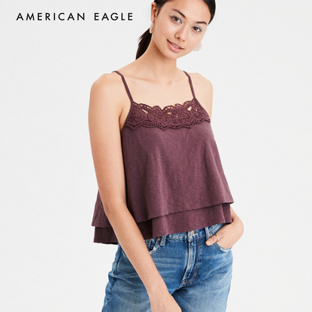American Eagle Tiered Hem Crochet Crop เสื้อกล้าม ผู้หญิง ทรงครอป(036-3713-613)
