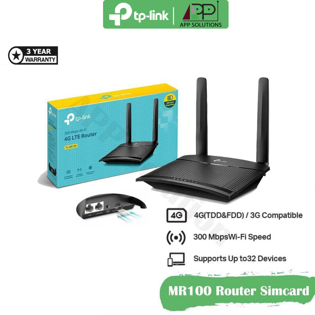 TP-LINK Router 4G LTE 300Mbps รุ่นMR100(เร้าเตอร์ใส่ซิม)ประกันศูนย์3ปี-APP Solution