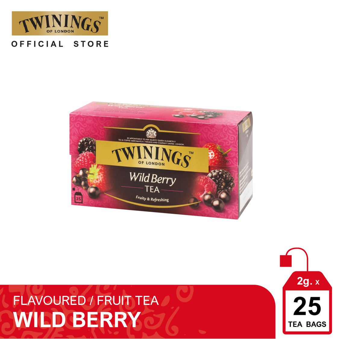 ทไวนิงส์ ชาแต่งกลิ่น ไวลด์ เบอร์รี่ ชนิดซอง 2 กรัม แพ็ค 25 ซอง Twinings Wild Berry Flavoured Tea 2 g. Pack 25 Tea Bags