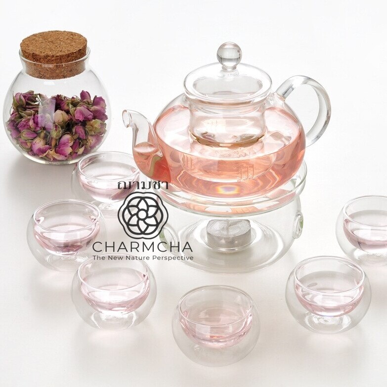 งานแท้ชุดกาน้ำชา400ml 1ชุด  มีตัวเลือกแก้ว 2-6 ใบ+ที่กรองชา+เตาอุ่น+เทียน ครบชุด ทำจากแก้ววางบนเตาความร้อนได้ charmcha ฌามชา ชุดของขวัญ