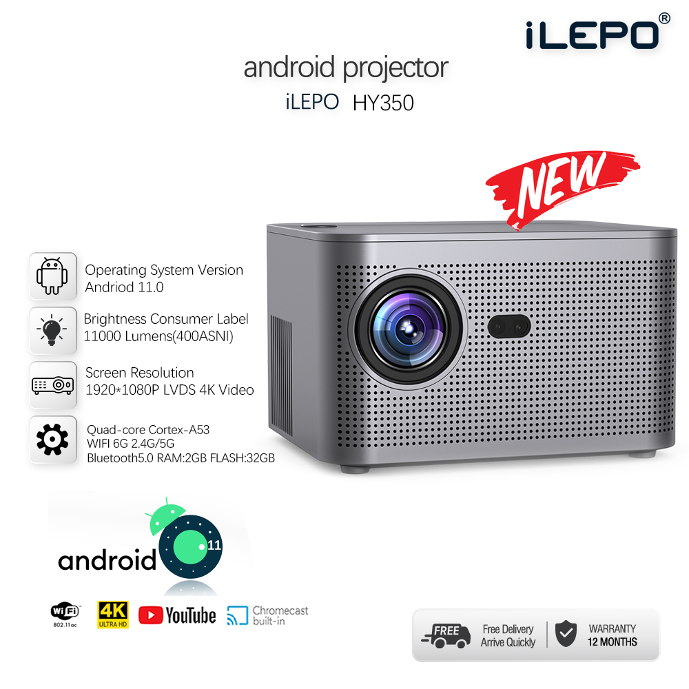 โปรเจคเตอร์ 4k wifi 6G and Bluetooth 5.0, 11000Lumens 400 ANSI Android 11.0 RAM 2GB ROM 32GB Outdoor Movie Proyector, Electric Focus, Home Projector Compatible with iOS/Android/HDMI/TV Stick ilepo โปรเจคเตอร์ mini ราคา 2,800 บาท*ส่งฟรี