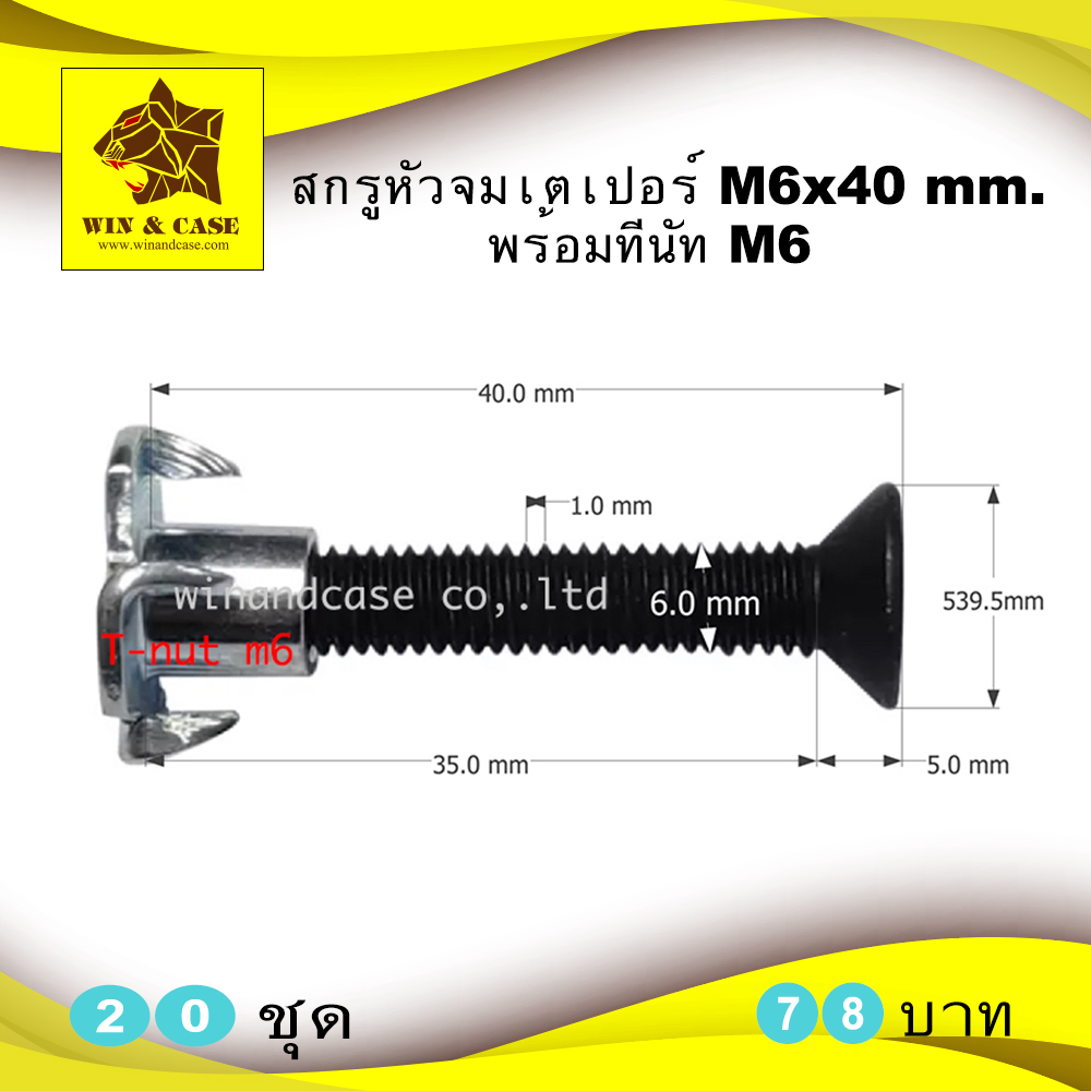 สกรูหัวจมดำเตเปอร์ ขนาด 6x40 mm.พร้อมทีนัท M6  แพ็คละ 20,40,100 ชุดอุปกรณ์ตู้ลำโพง ตู้ลำโพง สำหรับตู้ลำโพง ประกอบลำโพง อะไหล่ตู้ลำโพง