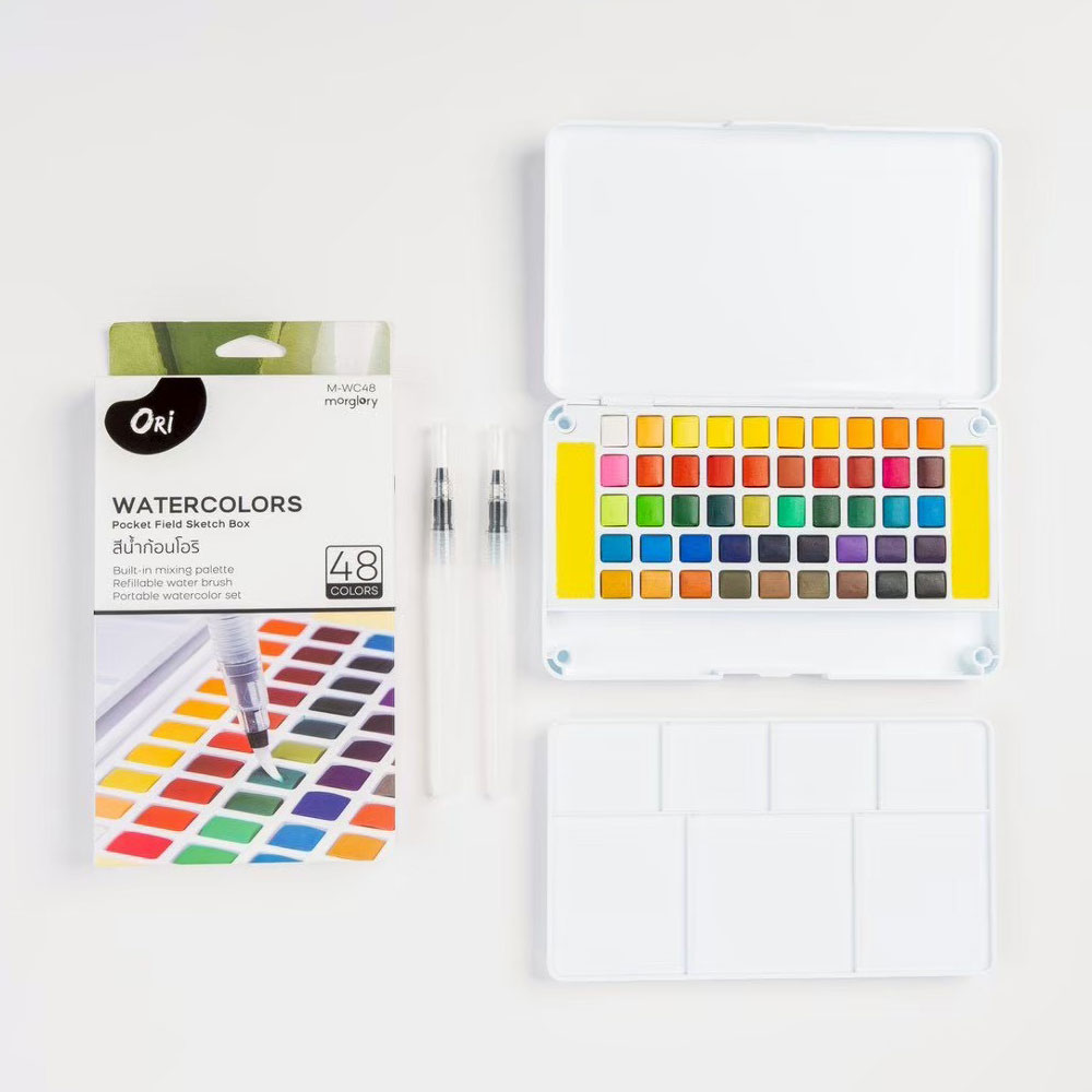 สีน้ำ ori สีสด ราคาถูก แถมฟรี พู่กันแทงค์ สีน้ำก้อน ตลับ สีหลุม สีแห้งแล้วไม่เป็นแป้ง watercolor pocket box