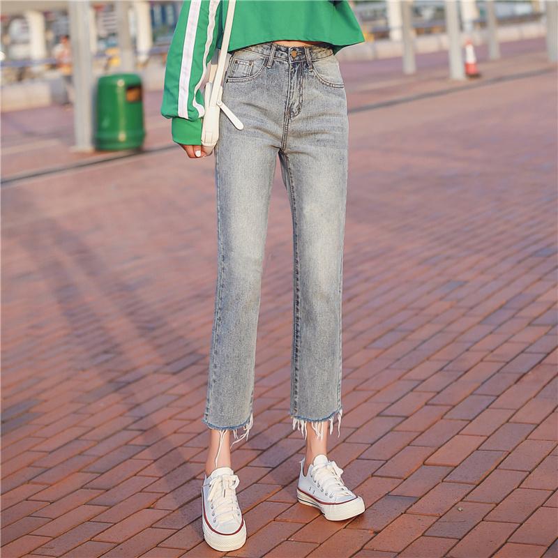กางเกงยีนส์ตัวใหม่ใส่สบายสำหรับผู้หญิงกางเกงยีนส์เอวสูงข้อสั้นทรงกระบอกมี2สีไห้เลือก