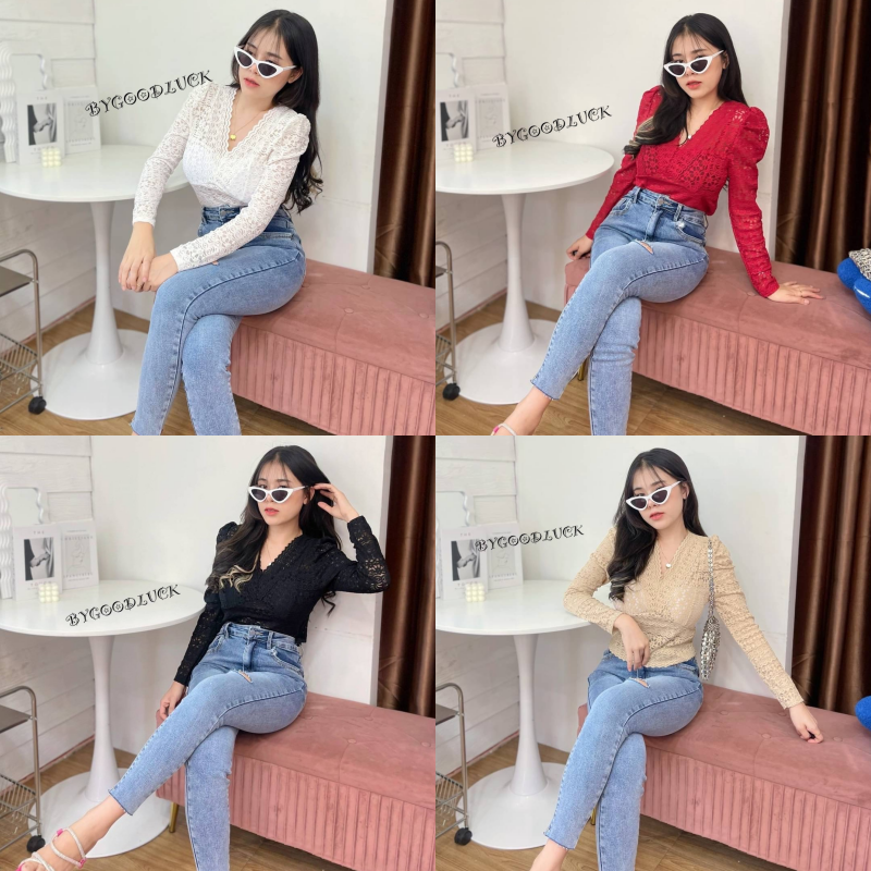 🌈SpinnyHouse🌈 เสื้อลูกไม้แขนยาว งานลูกไม้ผ้านิ่ม คอวี💕 ผ้าลายลูกไม้ รุ่น ยาใจ B-015-4-A ราคา 198 บาท*ส่งฟรี