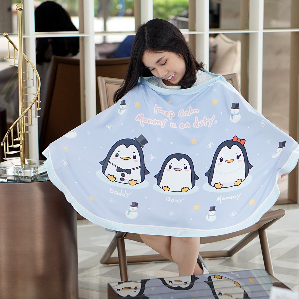 ผ้าคลุมให้นมพร้อมส่ง ลาย Penguin - Blue + กล่องของขวัญ