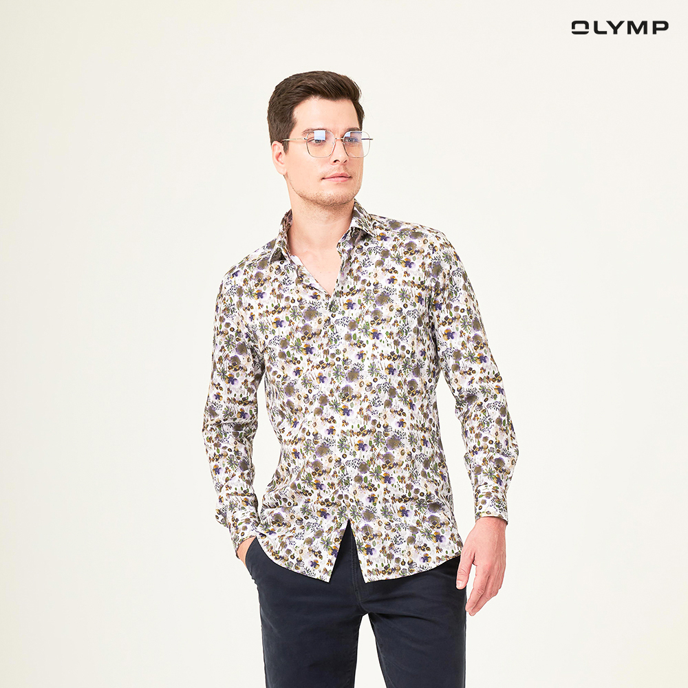 OLYMP LUXOR Shirt เสื้อเชิ้ตชาย สีขาว พิมพ์ลายดอกไม้ สีม่วง-เขียว ทรงหลวม ใส่สบาย รีดง่าย AUTU23 ราคา 1,190 บาท*ส่งฟรี