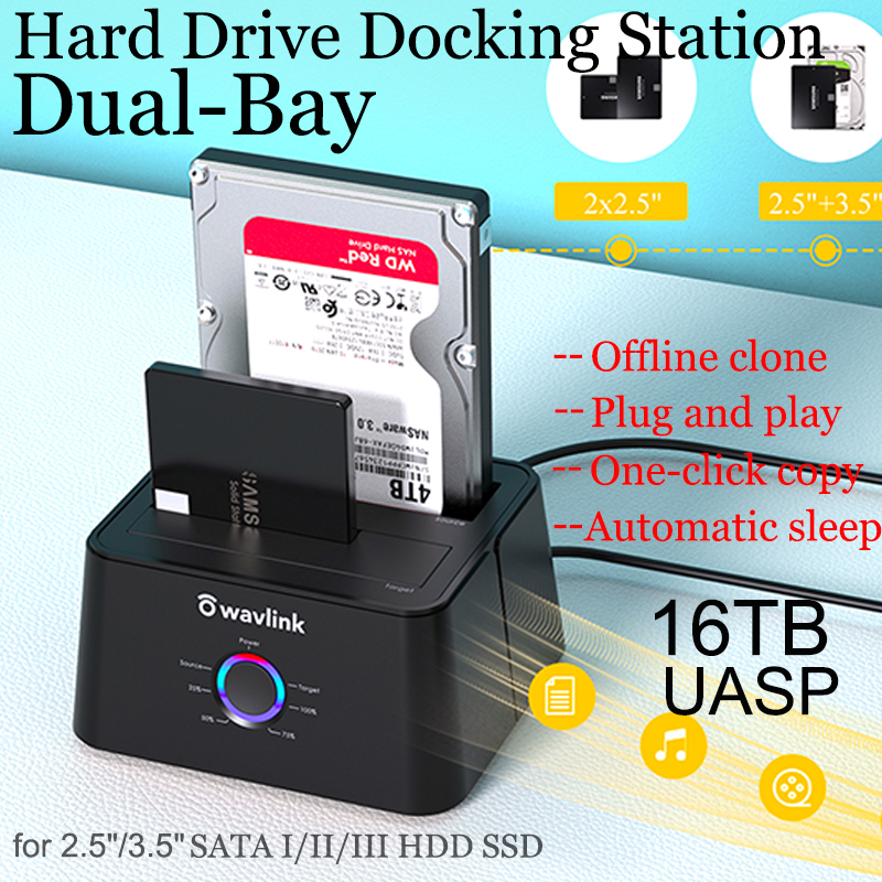 Wavlink 32TB(2x16TB) Dual Bay Hard Drive Docking Station, USB 3.0 to SATA I/II/III Tool-Free External Hard Drive Lay-Flat Dock for 2.5/3.5inch HDD/SSD with Hard Drive Duplicator/Offline Clone Function/1 USB A to USB C Converter ราคา 956 บาท*ส่งฟรี