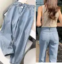 ภาพขนาดย่อของสินค้าGirlJean Fashion Women's High Waist Drape Denim Wide Leg Trousers Loose Korean Version of The Trend of Wild Straight Slimming Casual Pants
