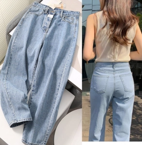 สินค้า GirlJean Fashion Women\'s High Waist Drape Denim Wide Leg Trousers Loose Korean Version of The Trend of Wild Straight Slimming Casual Pants