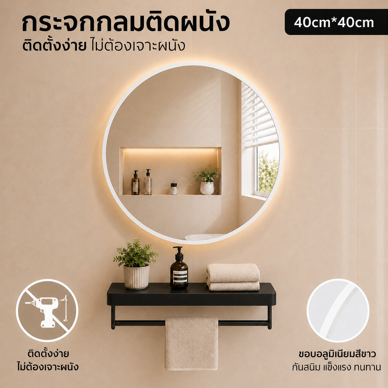 EC mirror กระจกห้องน้ำพร้อมกรอบ 40/50/60 ซม กระจกติดผนัง กระจกห้องน้ำติดผนัง กระจกกลม กระจกแต่งหน้า ไม่ต้องเจาะ กระจกแต่งหน้า กระจกเต็มตัว กระจกแต่งตัว