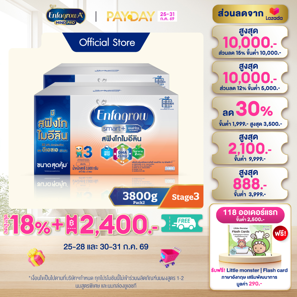 [สินค้าขายดี] นมผง เอนฟาโกร สมาร์ทพลัส ดีเอชเอ สูตร3 ชนิดจืด (3800 กรัม) x2 กล่อง Enfagrow Smart+ Stage3 Plain (3800 g) x2 packs *แพ็คเกจอยู่ระหว่างการเปลี่ยนแปลง