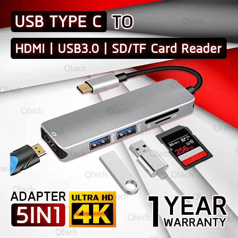 Qtech - รับประกัน 1 ปี - 5IN1 USB Type C to HDMI + USB3.0 + SD/TF Card Reader มัลติฟังก์ชั่น 5 ใน 1 อะแดปเตอร์ HDMI Ultra HD 4K สำหรับ ทีวี คอมพิวเตอร์ แล็ปทอป และ สมาร์ทโฟน - Multi Function Adapter  for Tv Computer Laptop Smartphone