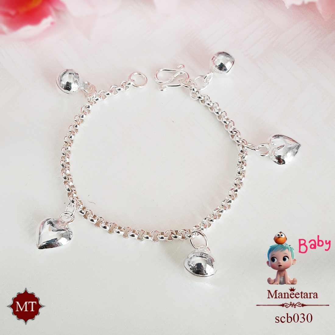 สร้อยข้อมือเด็กเงินแท้ ลายผ่าหวาย ตุ้งติ้งหัวใจ 925 Sterling Silver Bracelet : มณีธารา MT Jewelry (scb030)