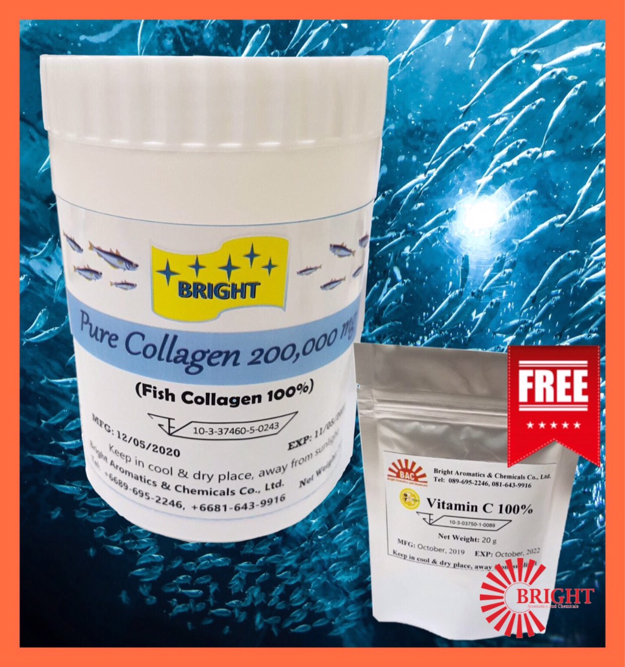 Collagen Peptide 100% ชนิดผง  คอลลาเจน 100% ช่วยเสริมสร้างกระดูกให้แข็งแรง ผิวอ่อนเยาว์  ขนาดบรรจุ 200 กรัม แถมวิตตามินซี 100% ชนิดผง ขนาดบรรจุ 20 กรัม ดูแลผิวสวย ร่างกายแข็งแรง