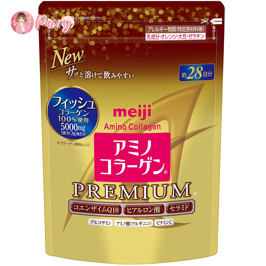 (Refill สูตรพรีเมี่ยม-ซองทอง) Meiji Amino Collagen Premium 5,000 mg 28วัน (196 กรัม) เมจิ อะมิโน คอลลาเจน ชนิดผง คอลลาเจนเปปไทด์