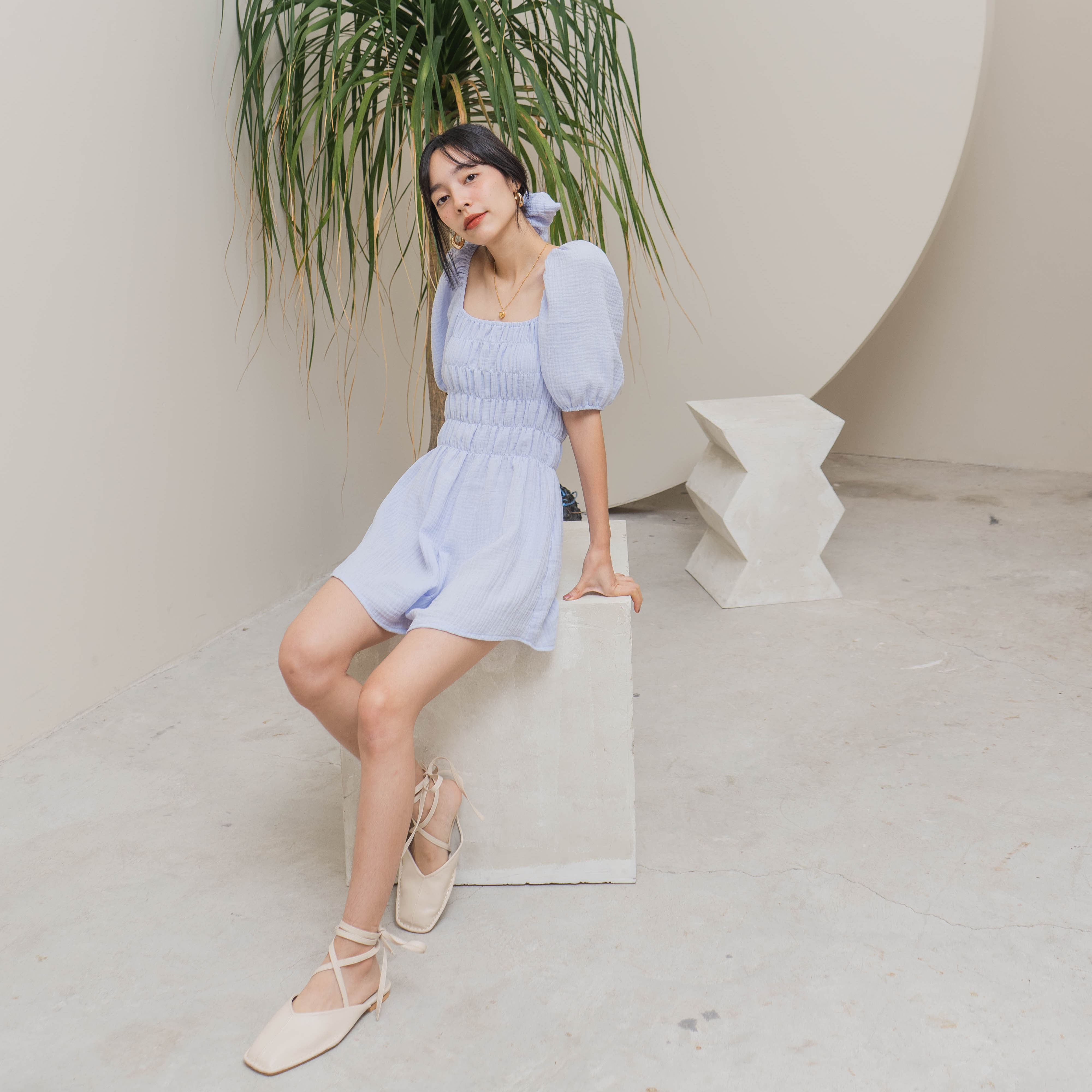 Summerdazestore - Thalia Jumpsuits (lilac , off white)  จั๊มสูทสม็อกที่ตัว แถมยางรัดผม !