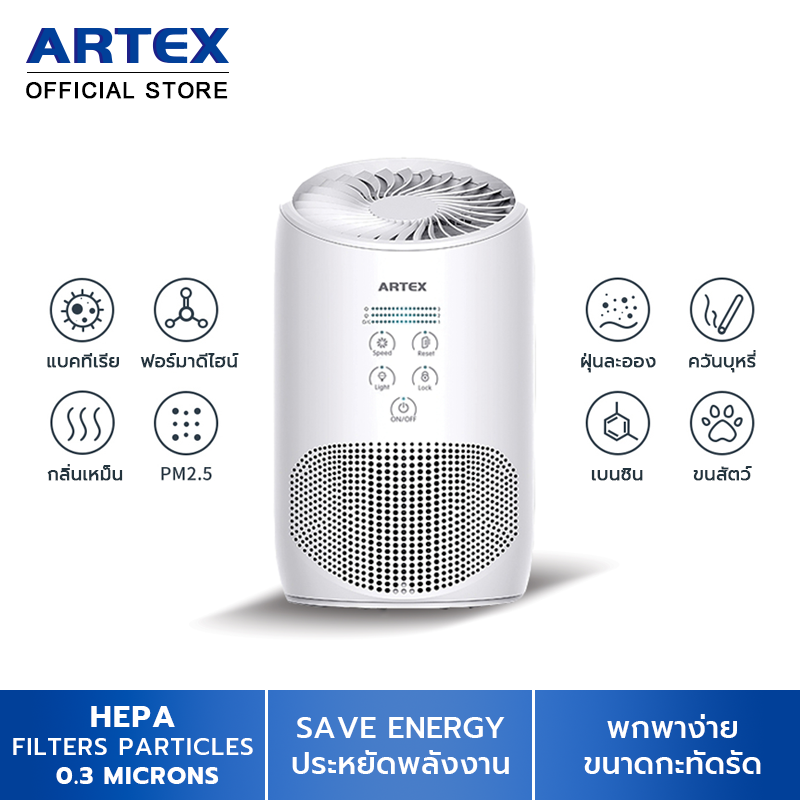 เครื่องฟอกอากาศ ARTEX-Air Purifier รุ่นAir-Mini กรองฝุ่น PM2.5 กำจัดกลิ่นสัตว์เลี้ยง ไส้กรองอากาศ HEPA/Carbon/Pre-Filter น้ำหอมกรองกลิ่น ขนาด 10~16 ตร.ม.