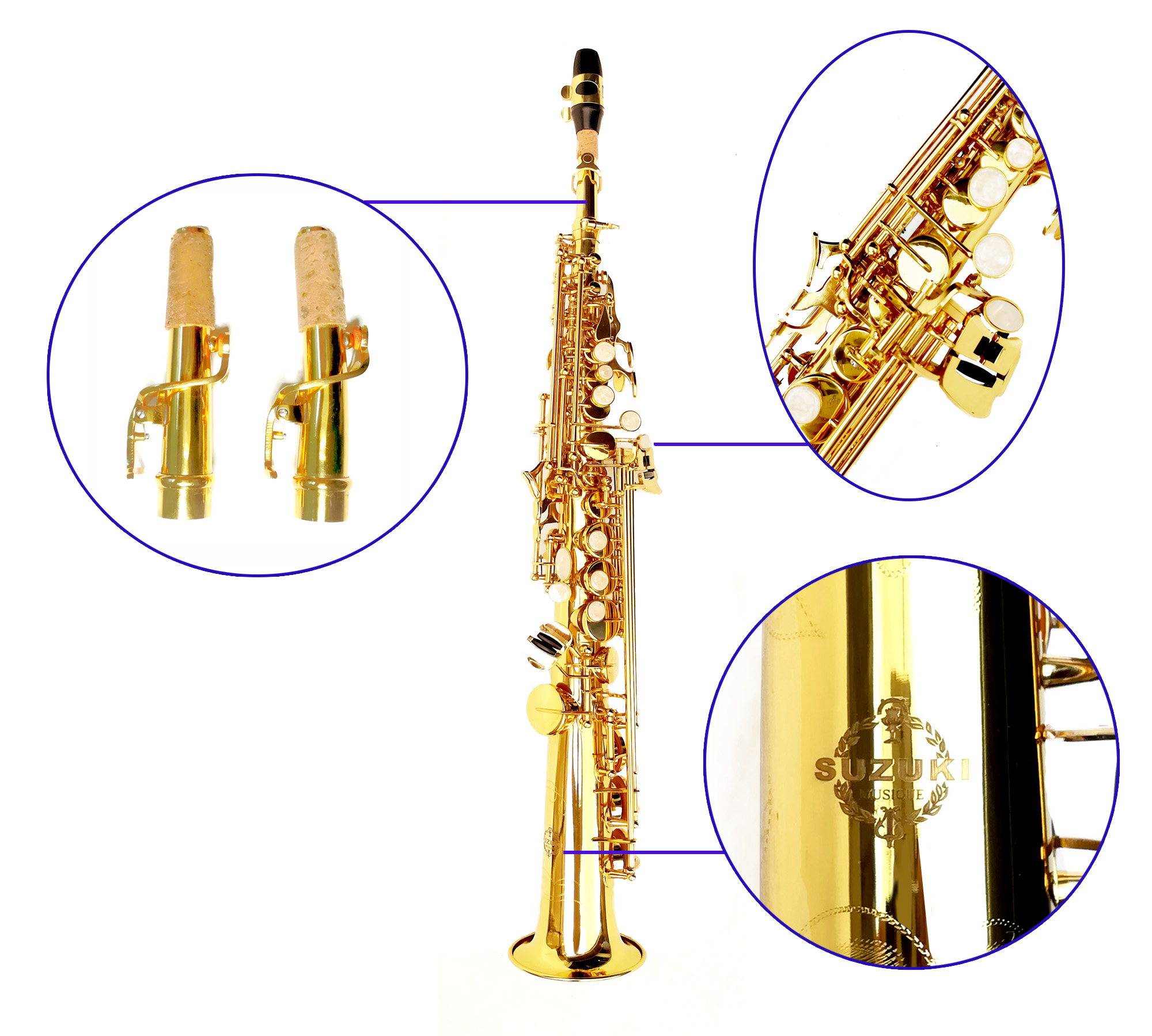 Suzuki Soprano Saxophone Bb Brass With High KeyF# Lacquered Gold Body And Keys